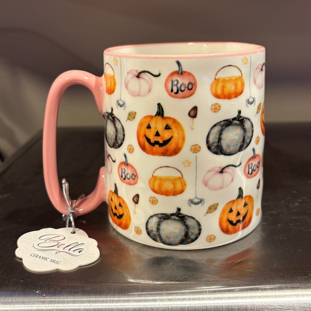 Strawberry Street Bella Ceramic Mug Halloween Pumpkin Ghost Boo Pink‎ Handle